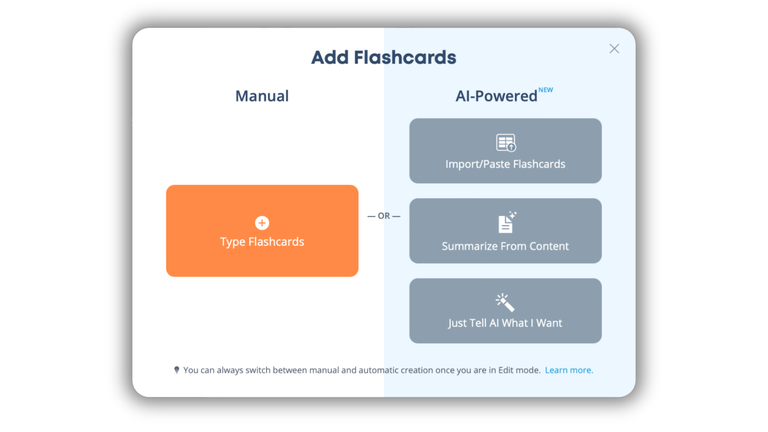 Instruction panel for creating flashcards in Brainscape using AI